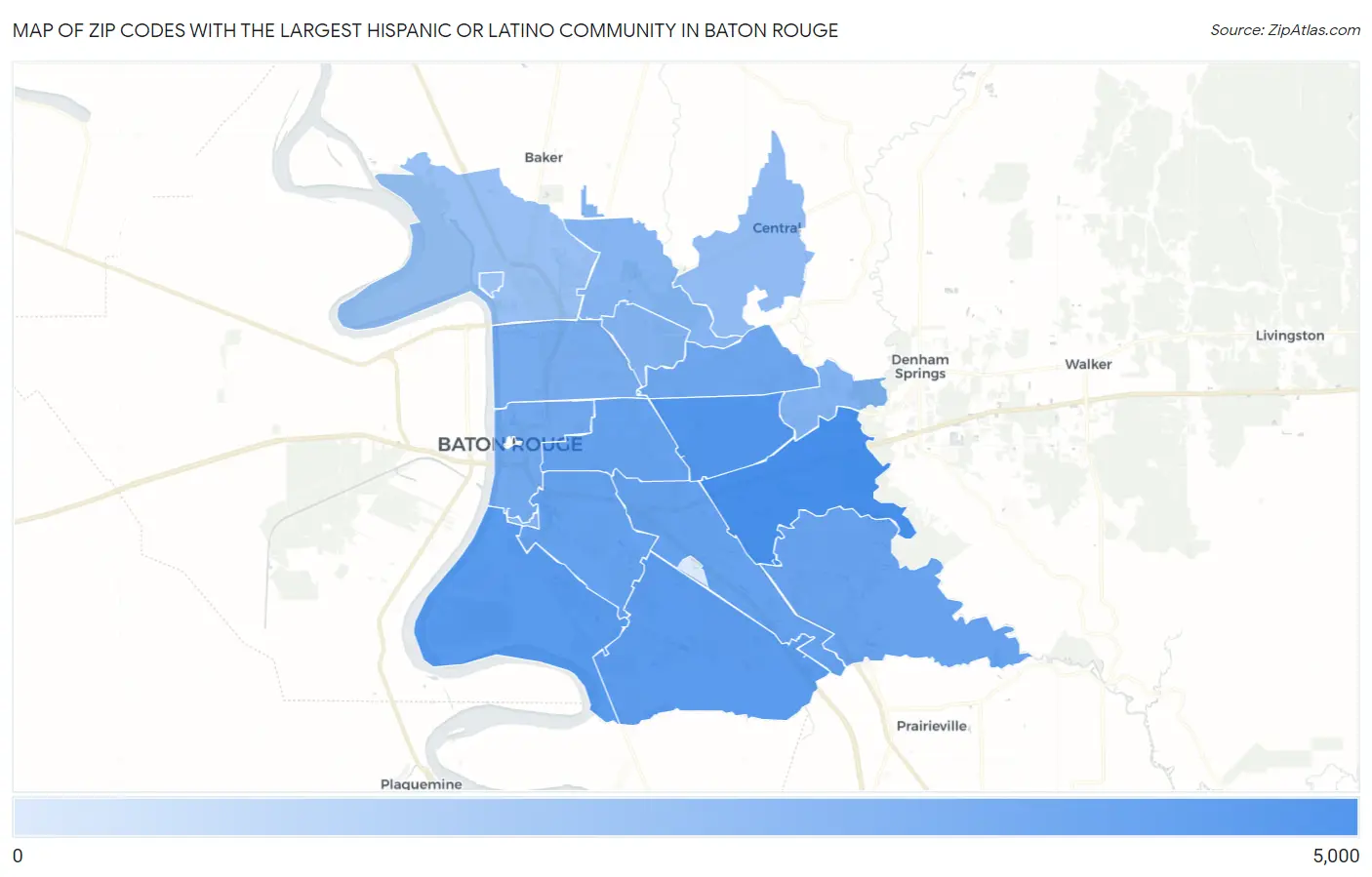 Zip Codes with the Largest Hispanic or Latino Community in Baton Rouge Map