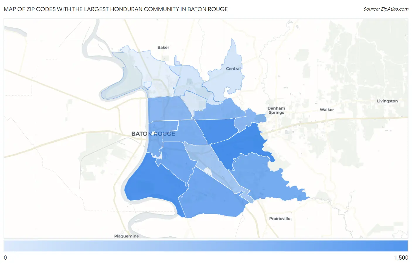 Zip Codes with the Largest Honduran Community in Baton Rouge Map