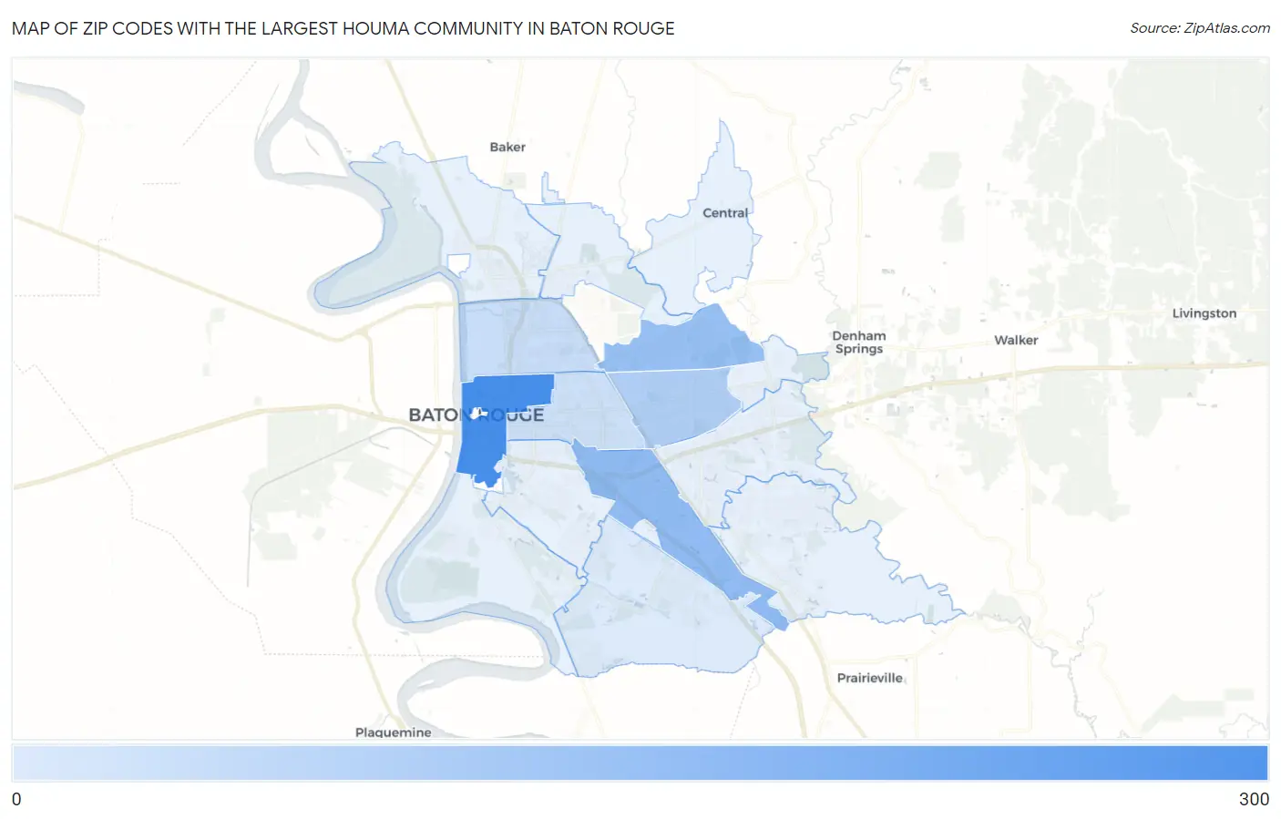 Zip Codes with the Largest Houma Community in Baton Rouge Map