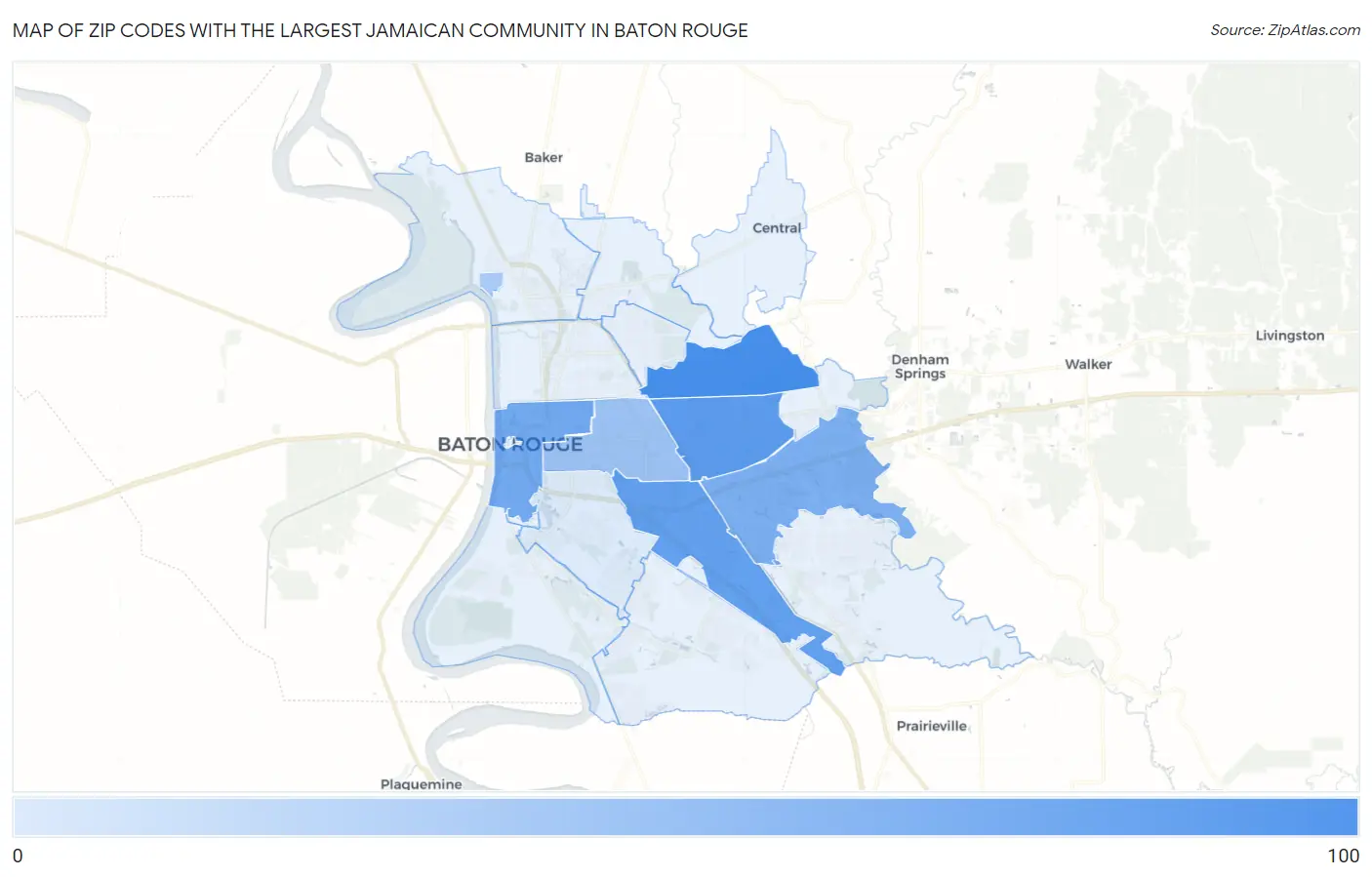 Zip Codes with the Largest Jamaican Community in Baton Rouge Map