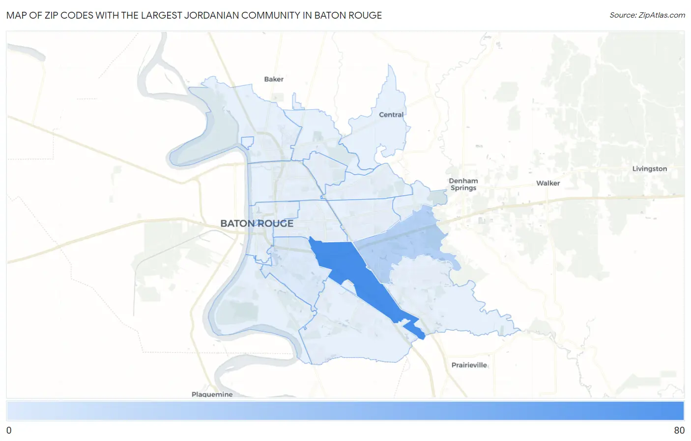 Zip Codes with the Largest Jordanian Community in Baton Rouge Map