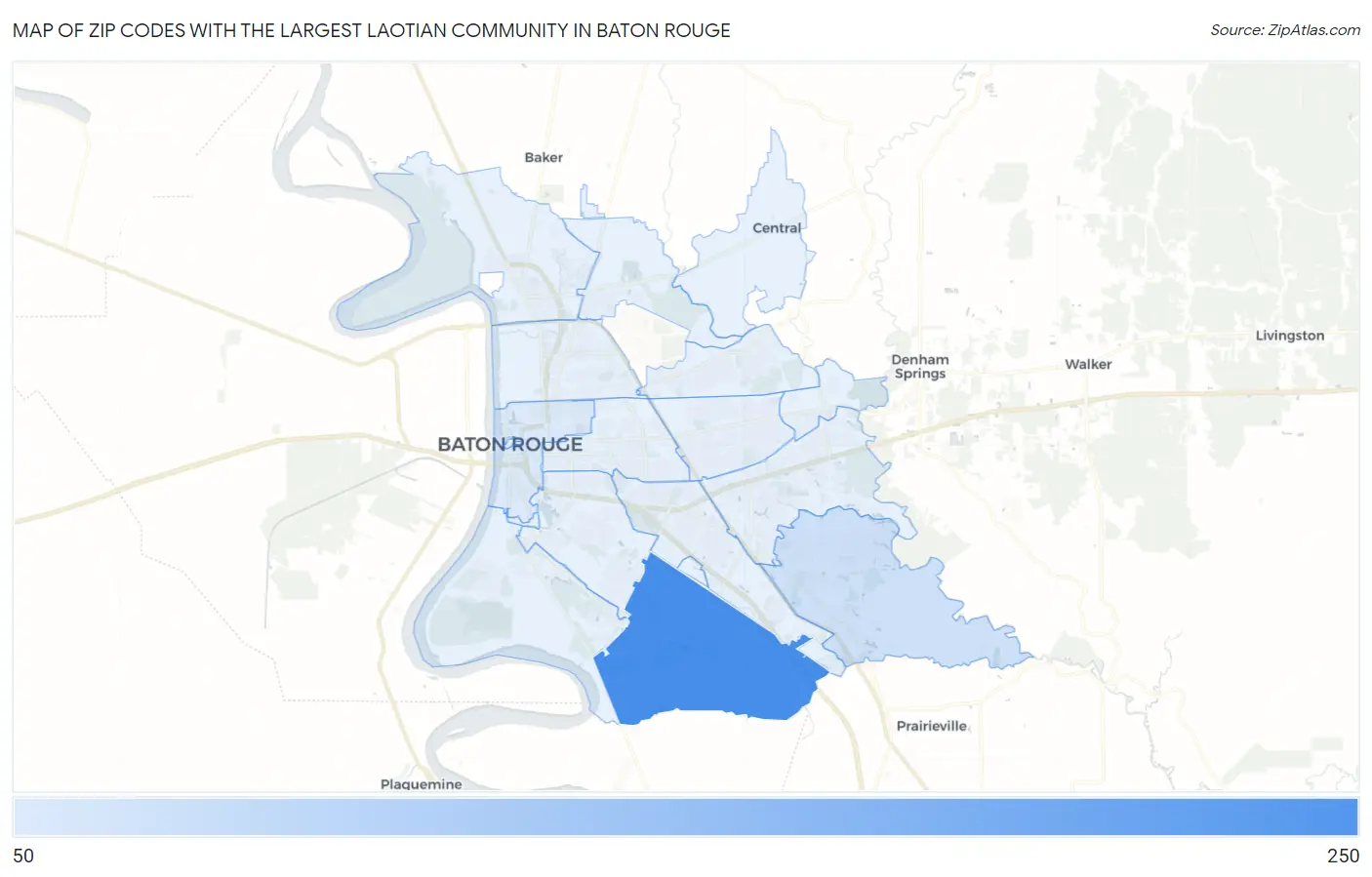 Zip Codes with the Largest Laotian Community in Baton Rouge Map