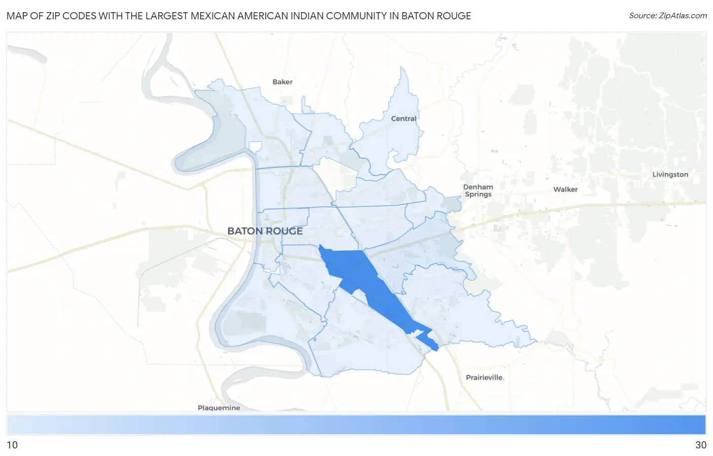 Zip Codes with the Largest Mexican American Indian Community in Baton Rouge Map
