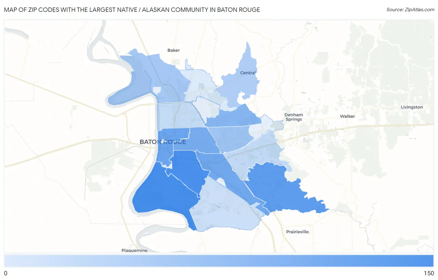 Zip Codes with the Largest Native / Alaskan Community in Baton Rouge Map