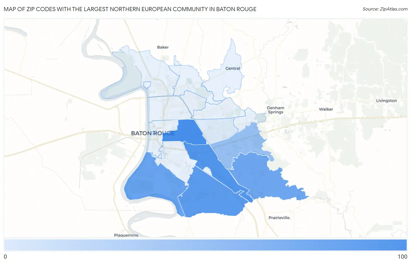Zip Codes with the Largest Northern European Community in Baton Rouge Map
