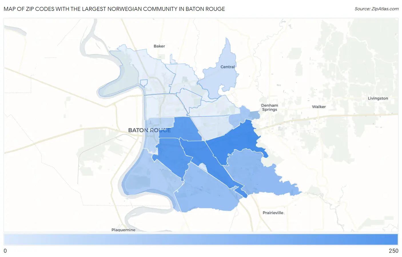 Zip Codes with the Largest Norwegian Community in Baton Rouge Map