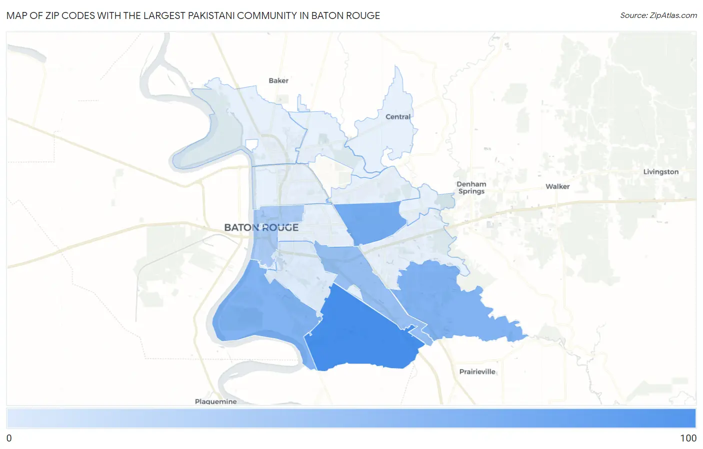 Zip Codes with the Largest Pakistani Community in Baton Rouge Map