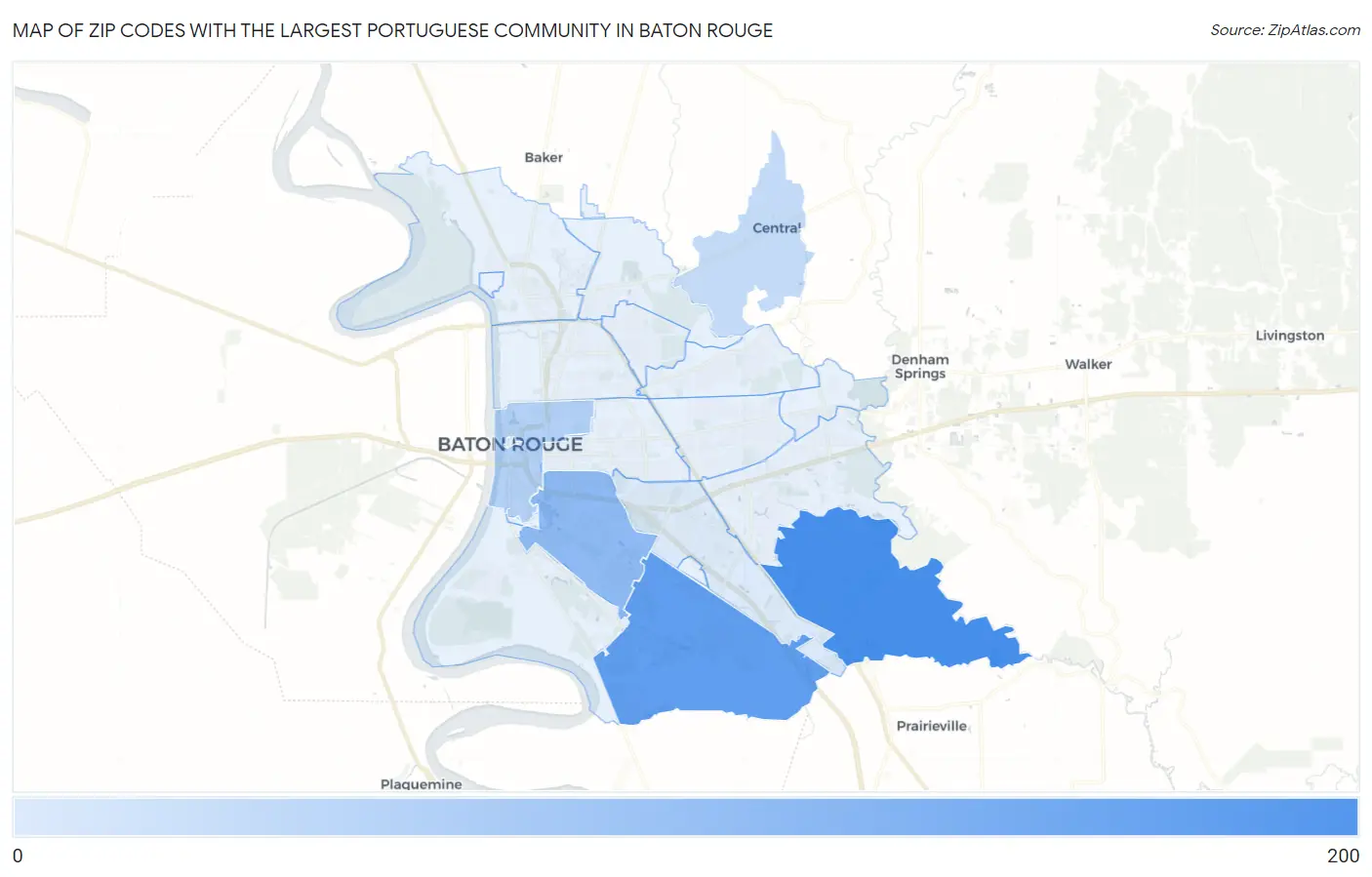 Zip Codes with the Largest Portuguese Community in Baton Rouge Map