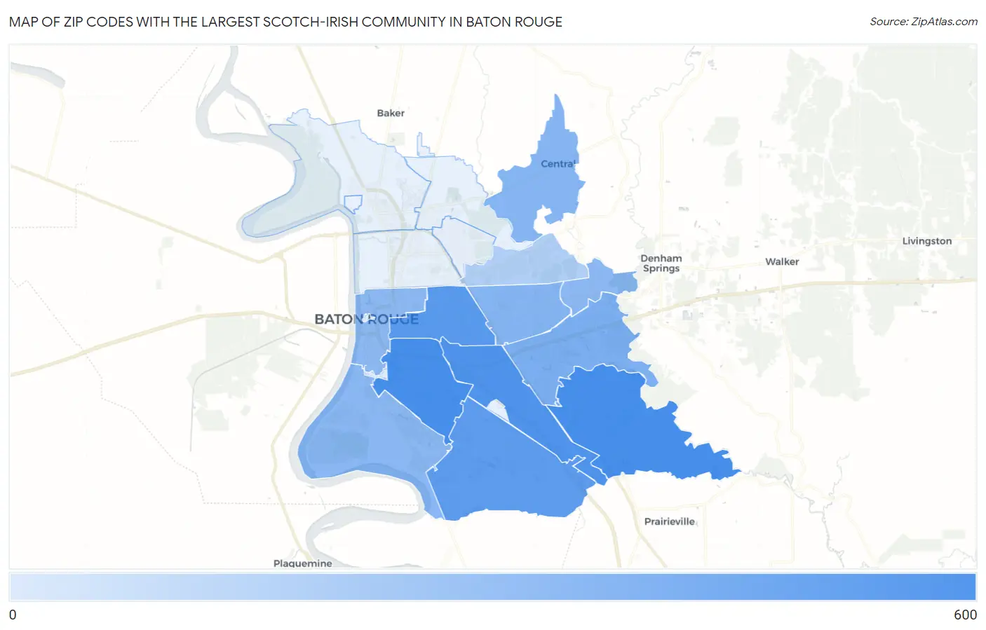 Zip Codes with the Largest Scotch-Irish Community in Baton Rouge Map