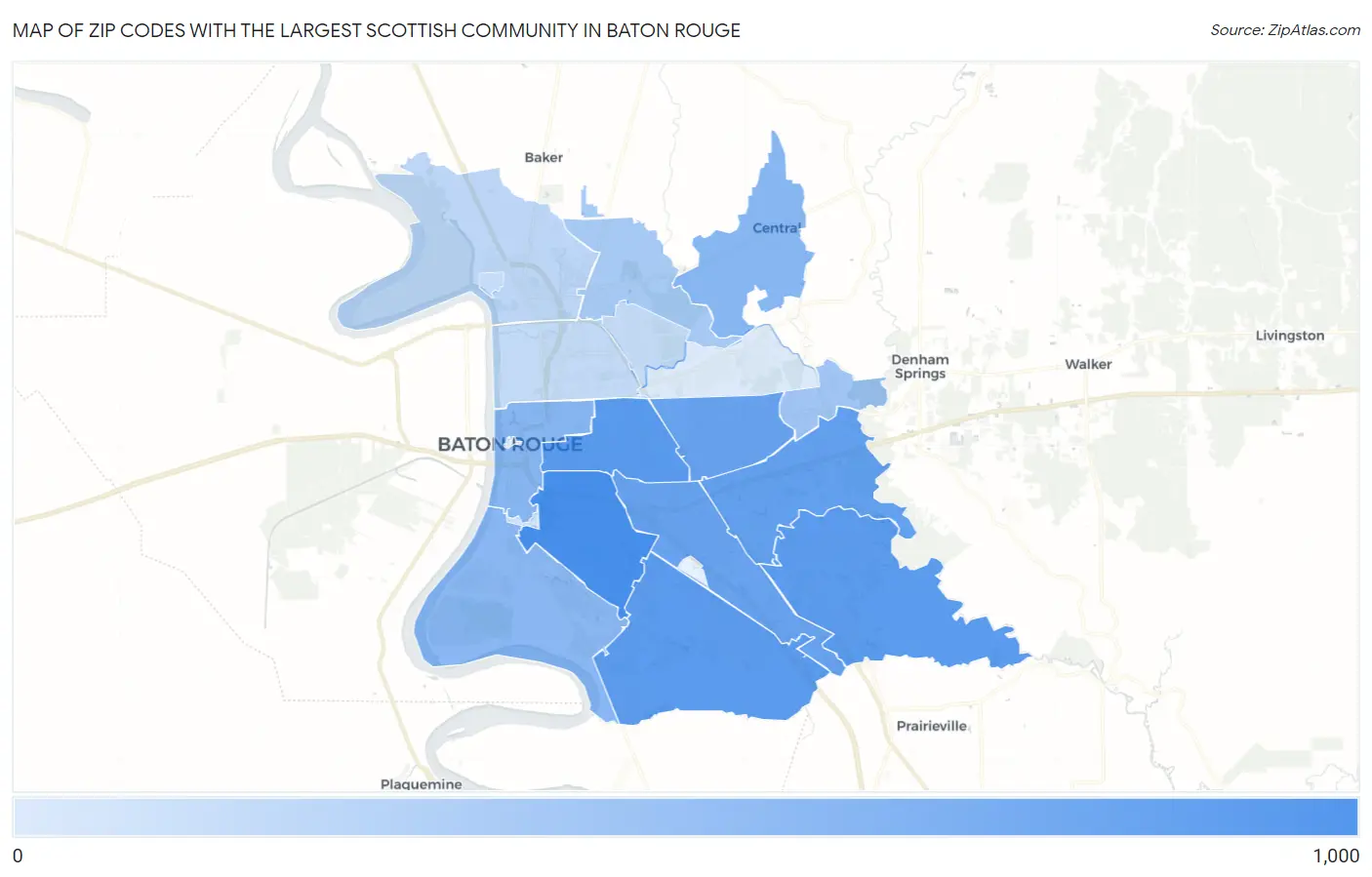 Zip Codes with the Largest Scottish Community in Baton Rouge Map