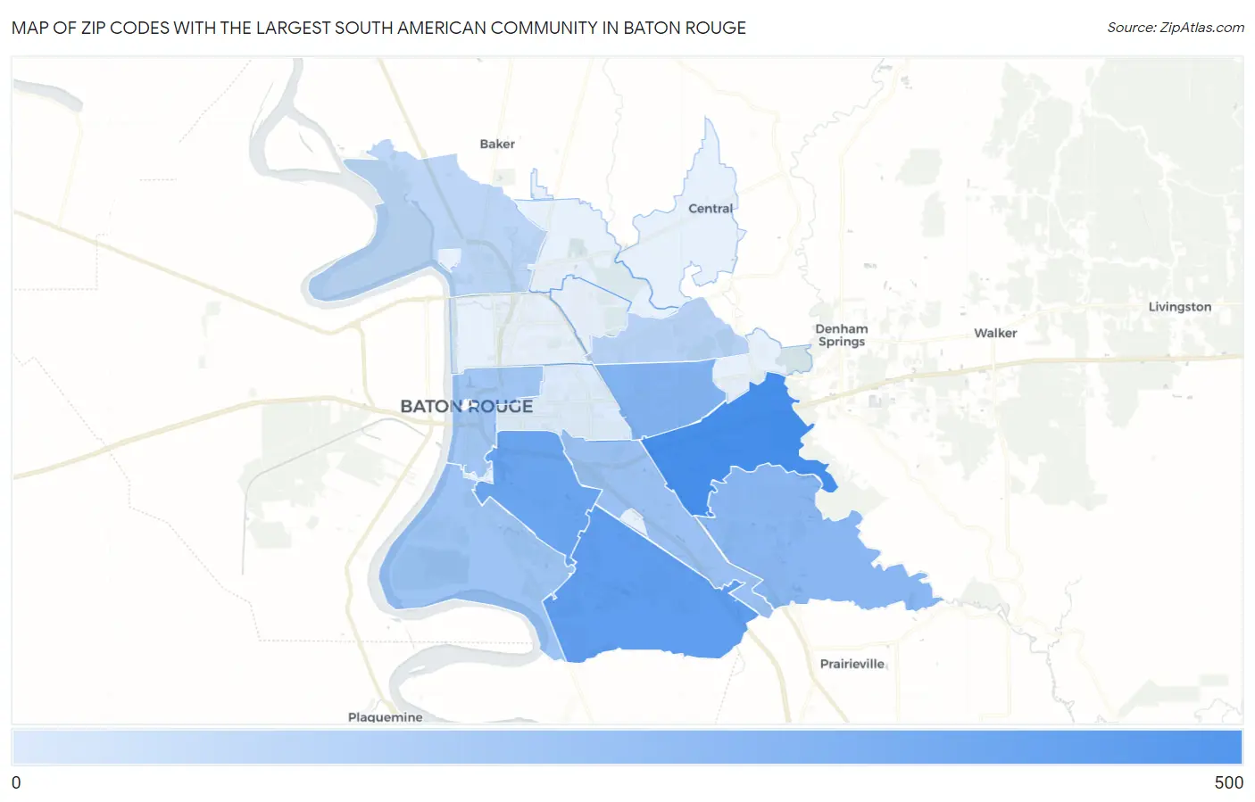 Zip Codes with the Largest South American Community in Baton Rouge Map