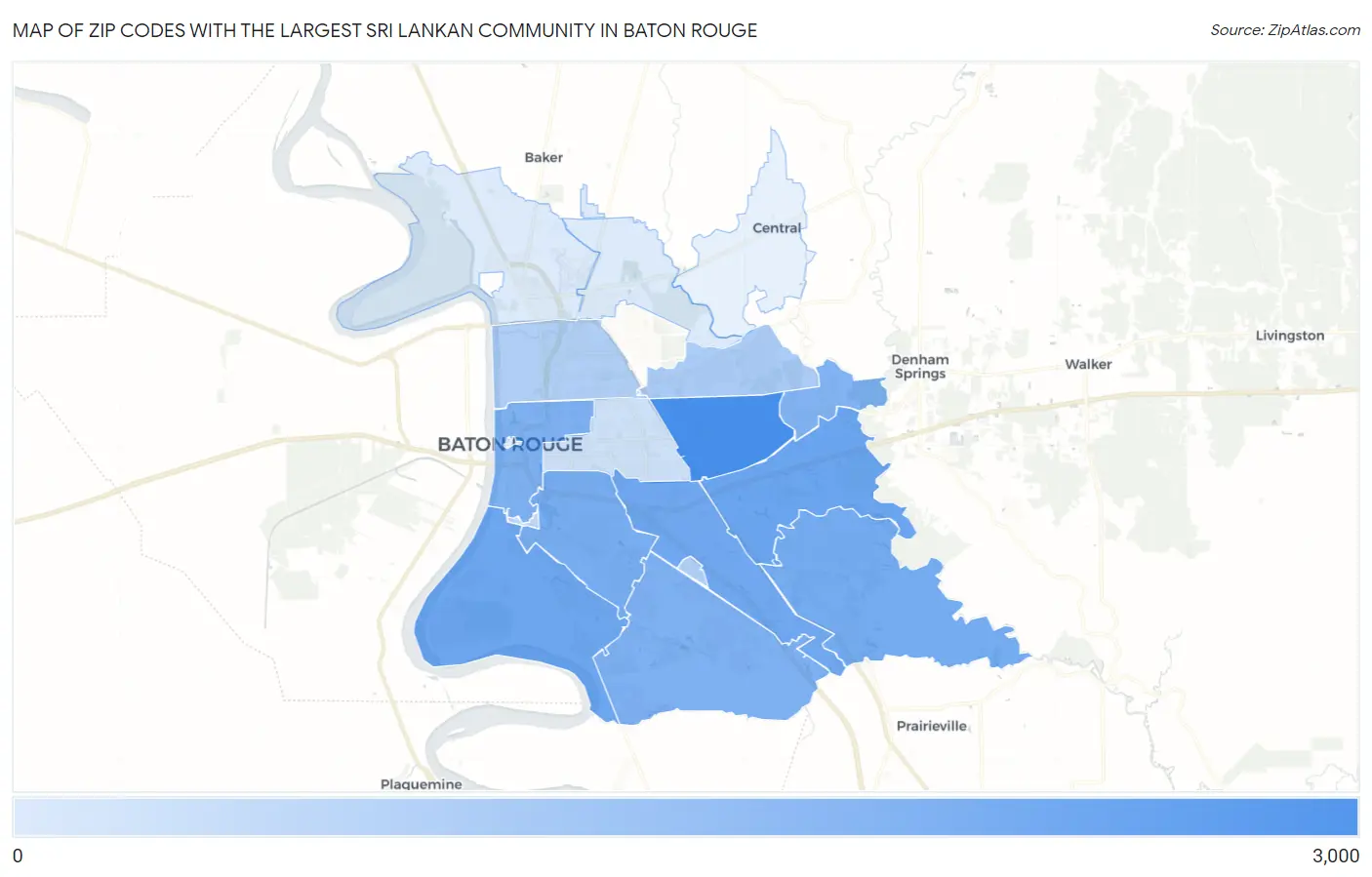 Zip Codes with the Largest Sri Lankan Community in Baton Rouge Map