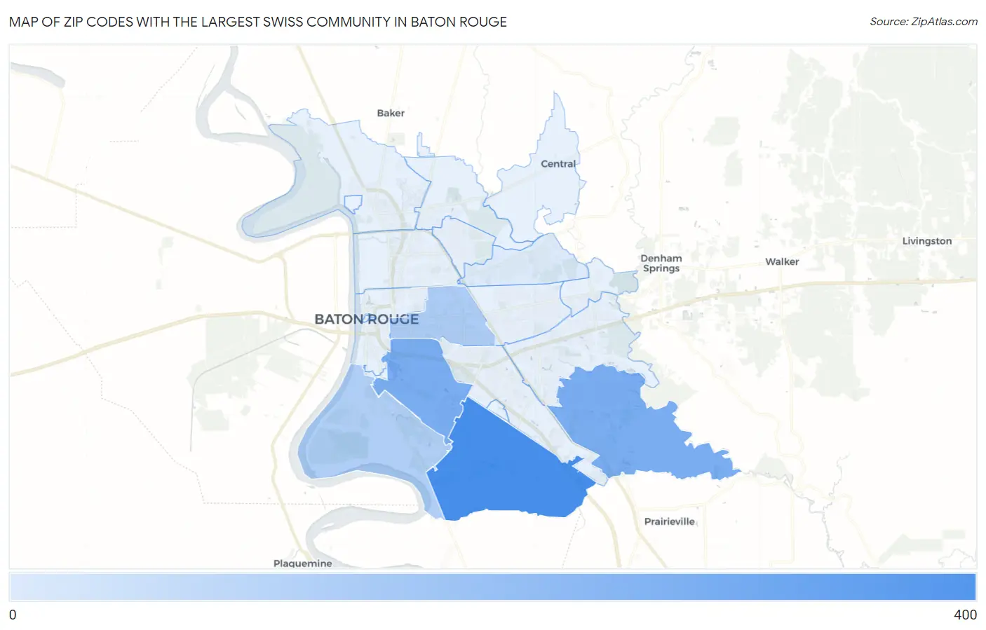 Zip Codes with the Largest Swiss Community in Baton Rouge Map