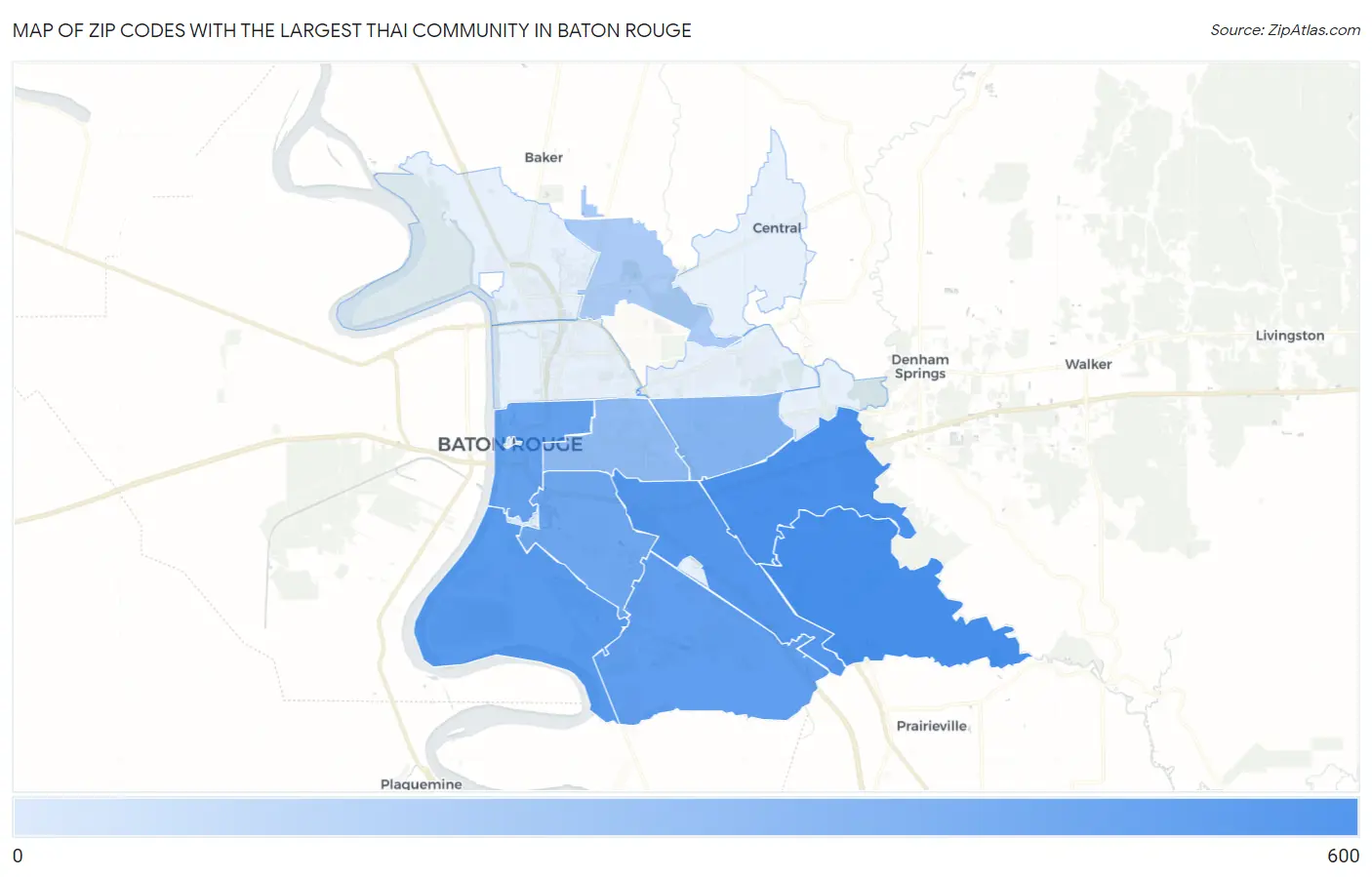 Zip Codes with the Largest Thai Community in Baton Rouge Map