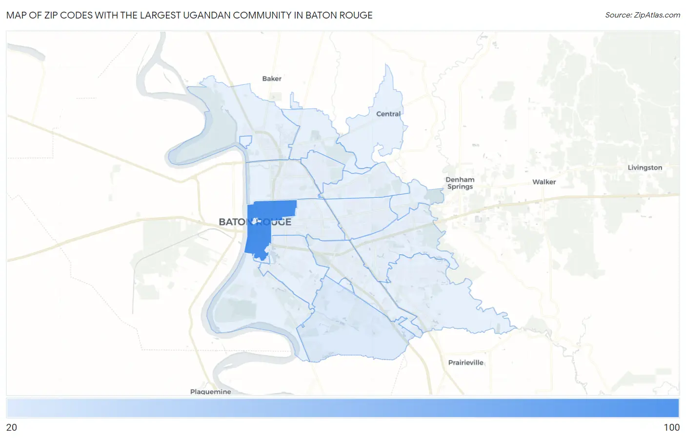 Zip Codes with the Largest Ugandan Community in Baton Rouge Map