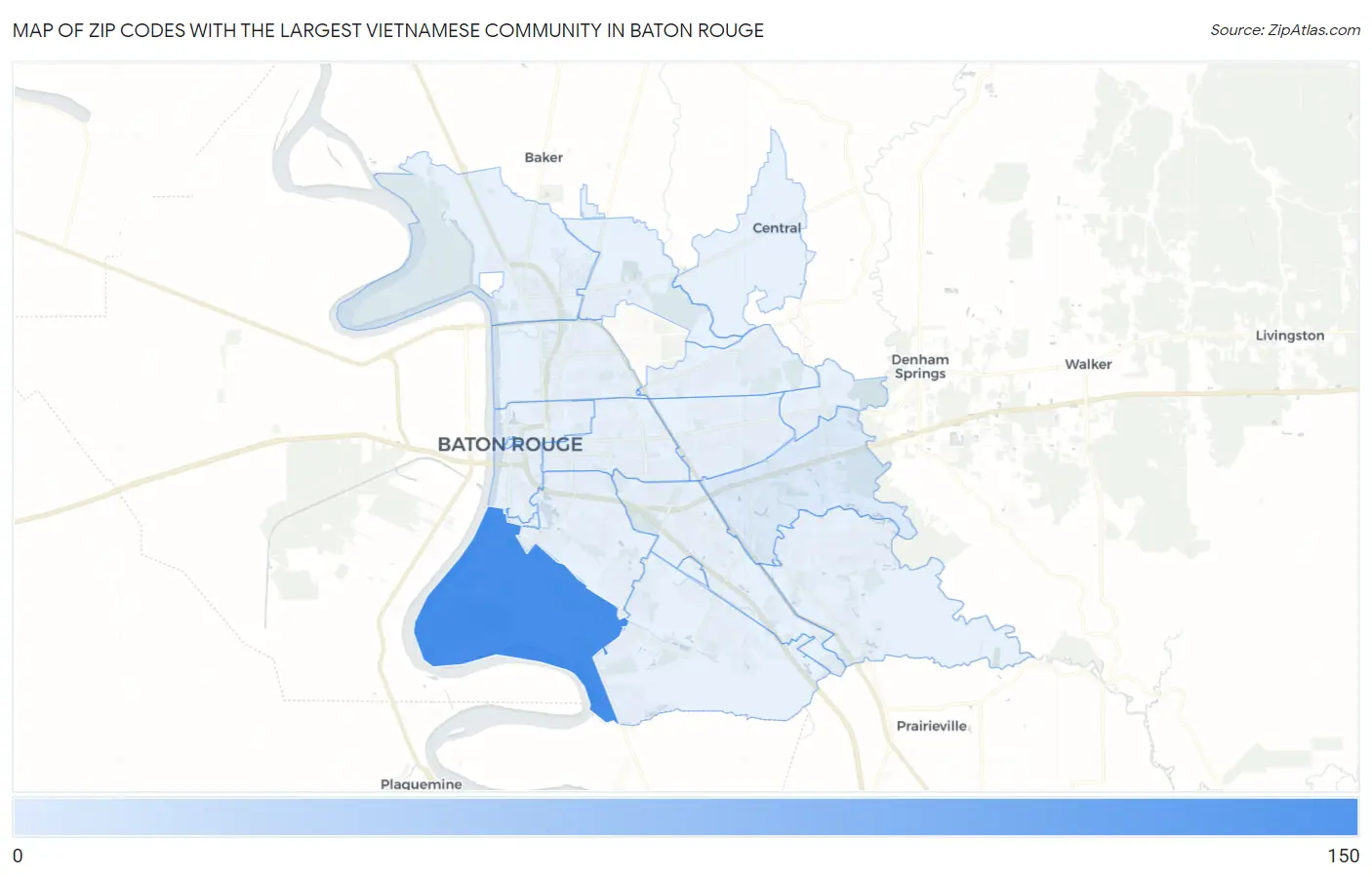 Zip Codes with the Largest Vietnamese Community in Baton Rouge Map