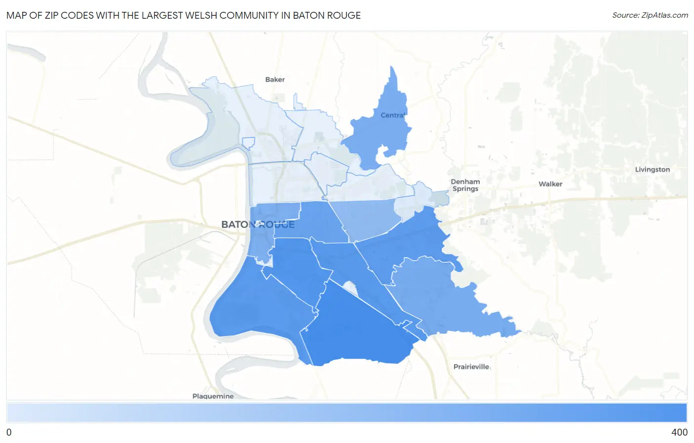 Zip Codes with the Largest Welsh Community in Baton Rouge Map