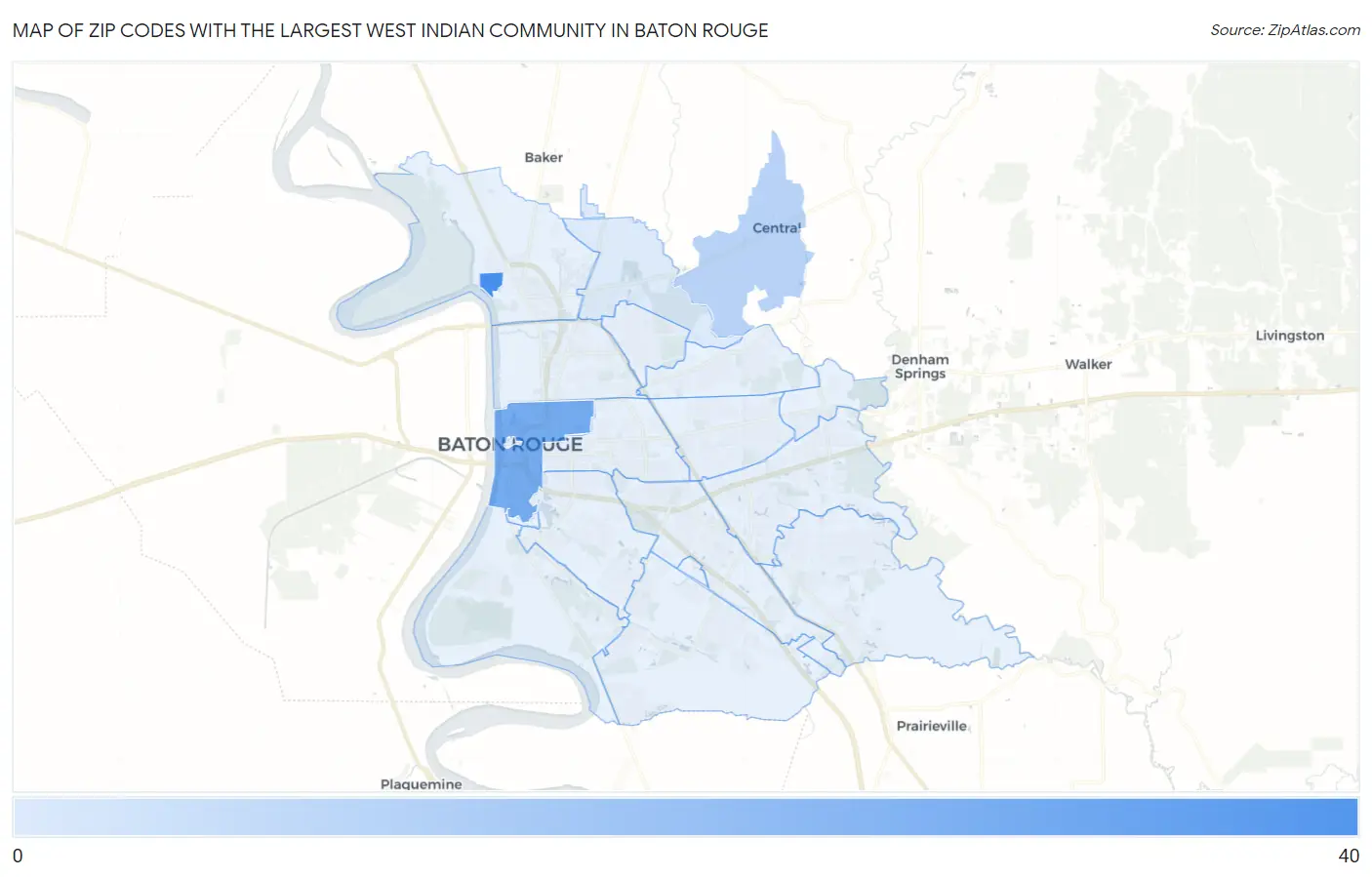 Zip Codes with the Largest West Indian Community in Baton Rouge Map