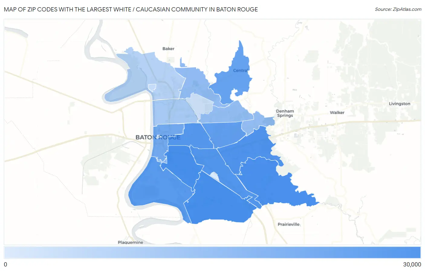 Zip Codes with the Largest White / Caucasian Community in Baton Rouge Map