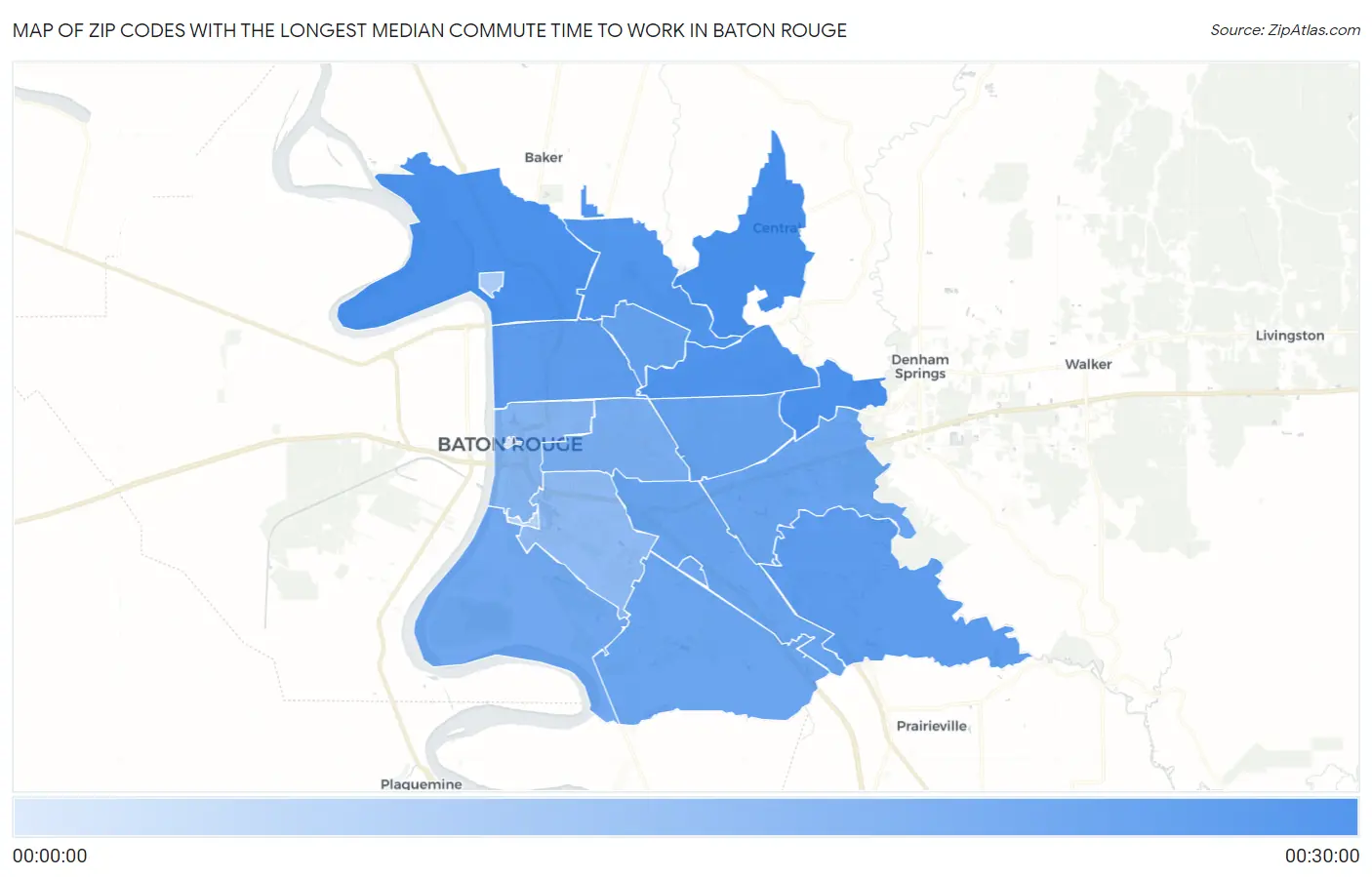 Zip Codes with the Longest Median Commute Time to Work in Baton Rouge Map