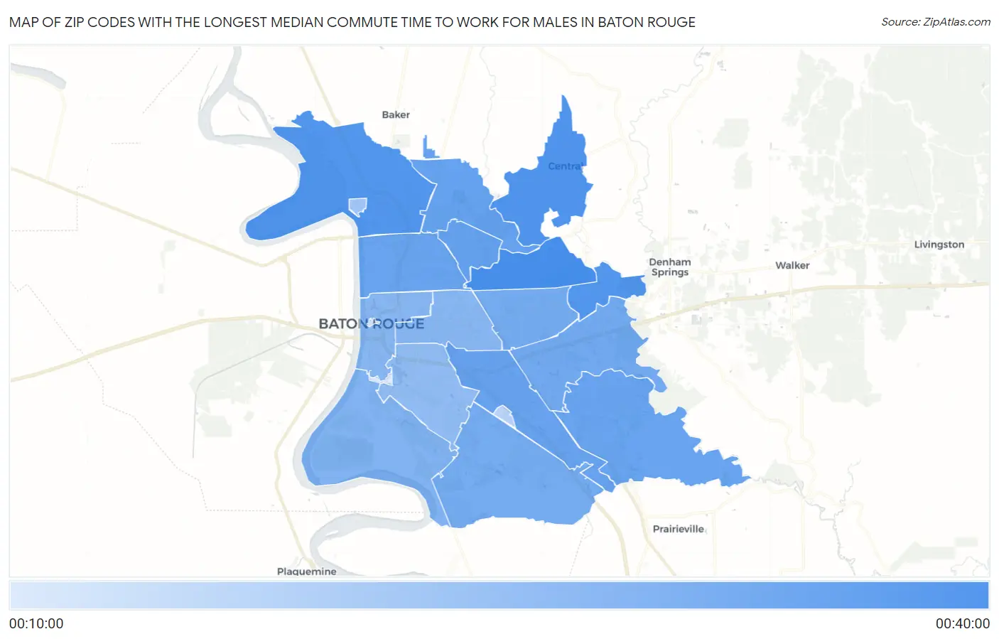 Zip Codes with the Longest Median Commute Time to Work for Males in Baton Rouge Map