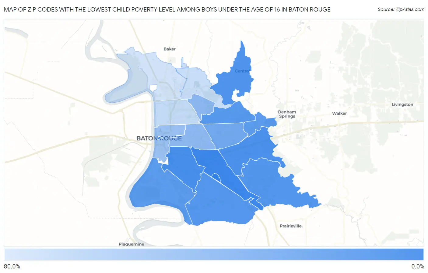 Zip Codes with the Lowest Child Poverty Level Among Boys Under the Age of 16 in Baton Rouge Map