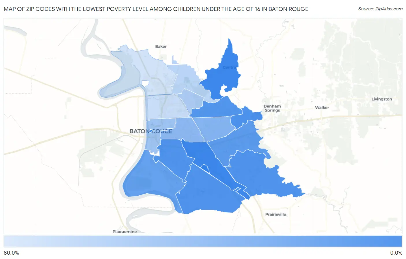 Zip Codes with the Lowest Poverty Level Among Children Under the Age of 16 in Baton Rouge Map