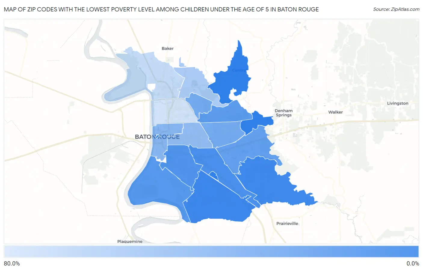 Zip Codes with the Lowest Poverty Level Among Children Under the Age of 5 in Baton Rouge Map
