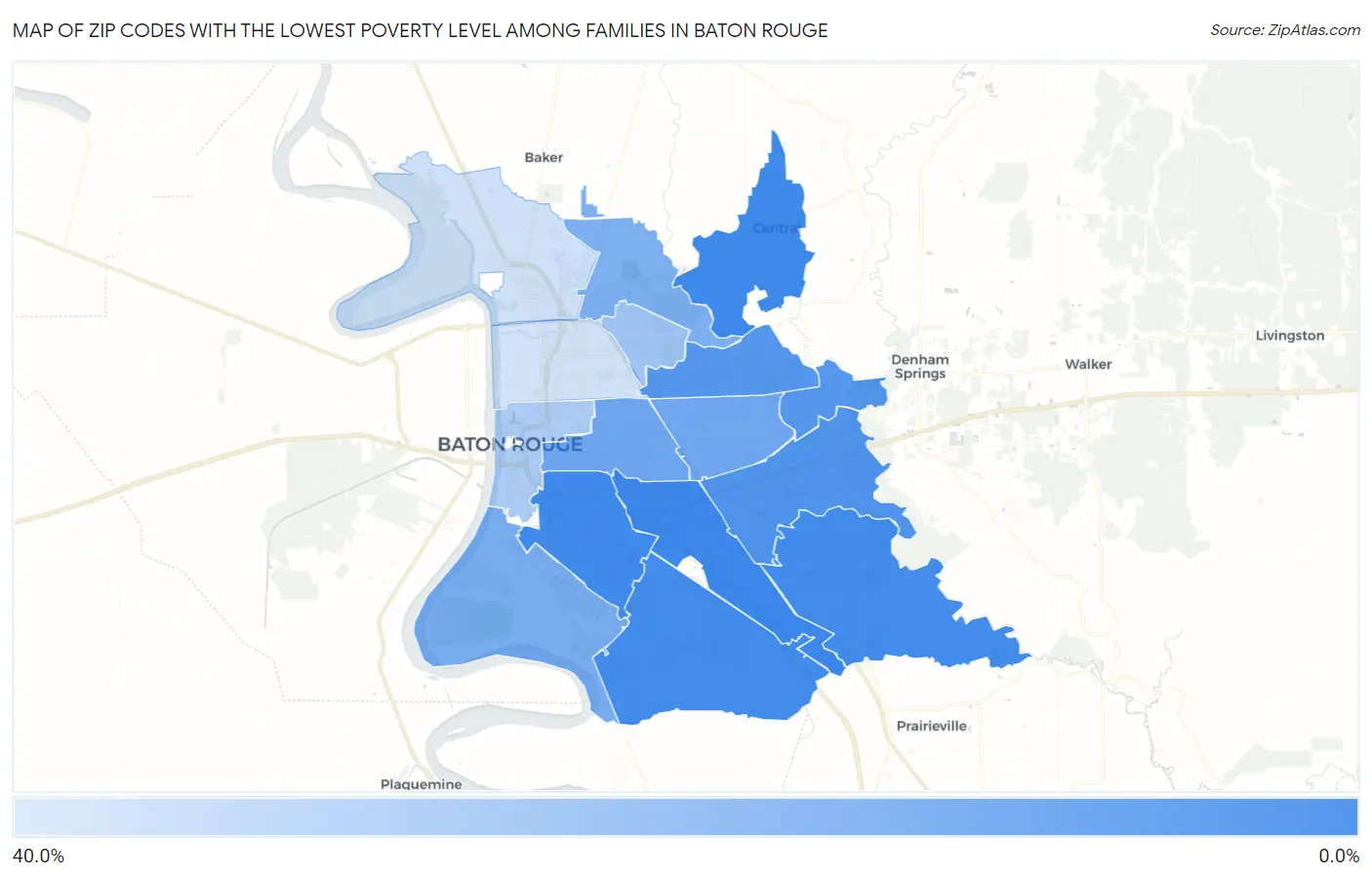 Zip Codes with the Lowest Poverty Level Among Families in Baton Rouge Map