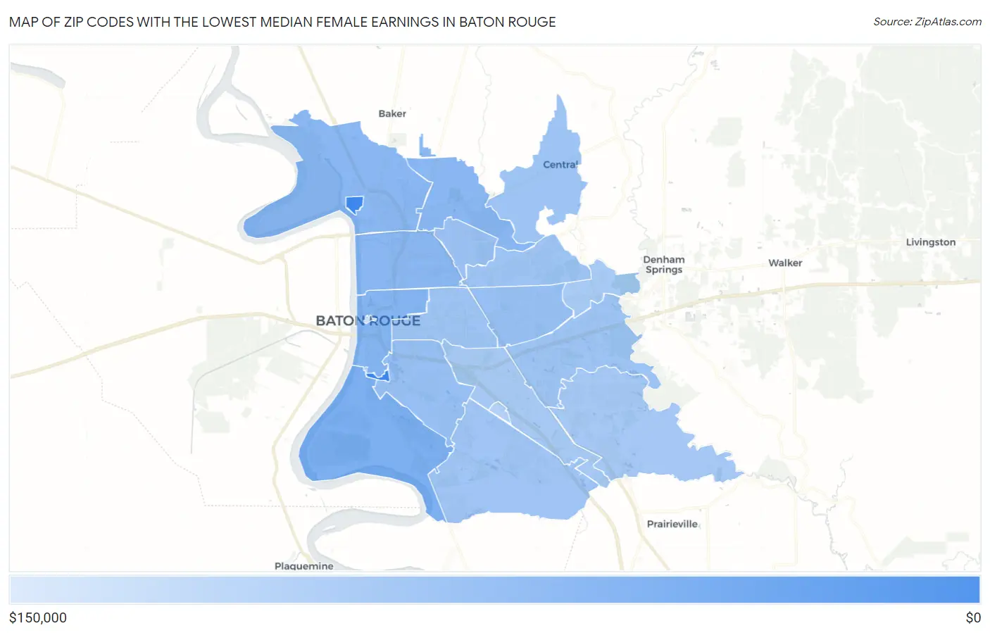Zip Codes with the Lowest Median Female Earnings in Baton Rouge Map