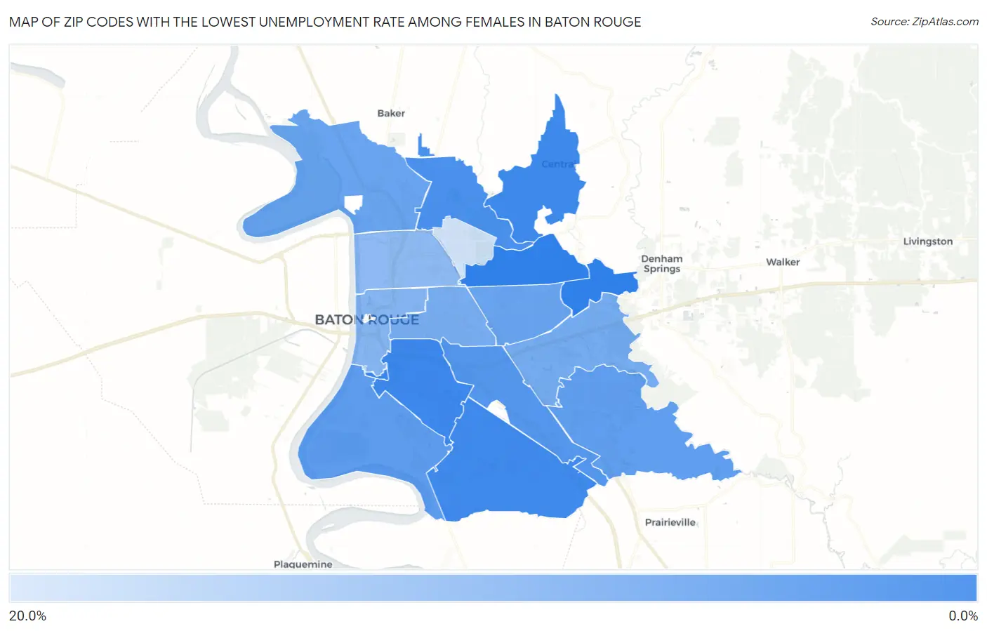 Zip Codes with the Lowest Unemployment Rate Among Females in Baton Rouge Map