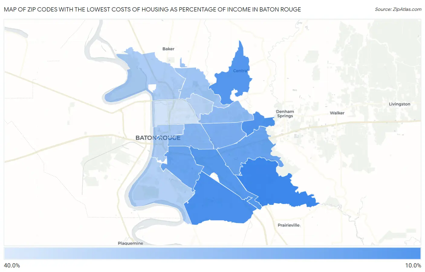 Zip Codes with the Lowest Costs of Housing as Percentage of Income in Baton Rouge Map