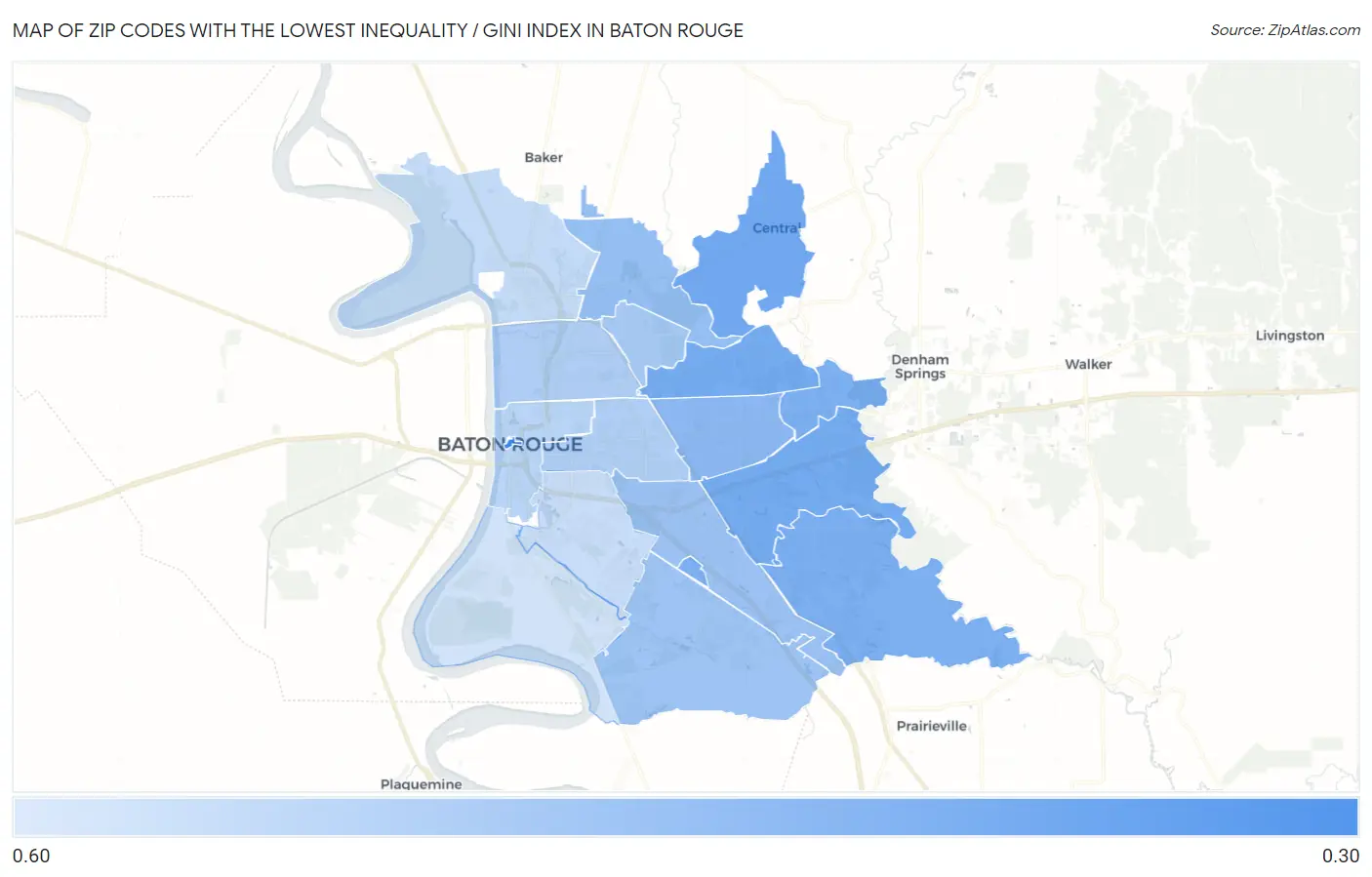 Zip Codes with the Lowest Inequality / Gini Index in Baton Rouge Map