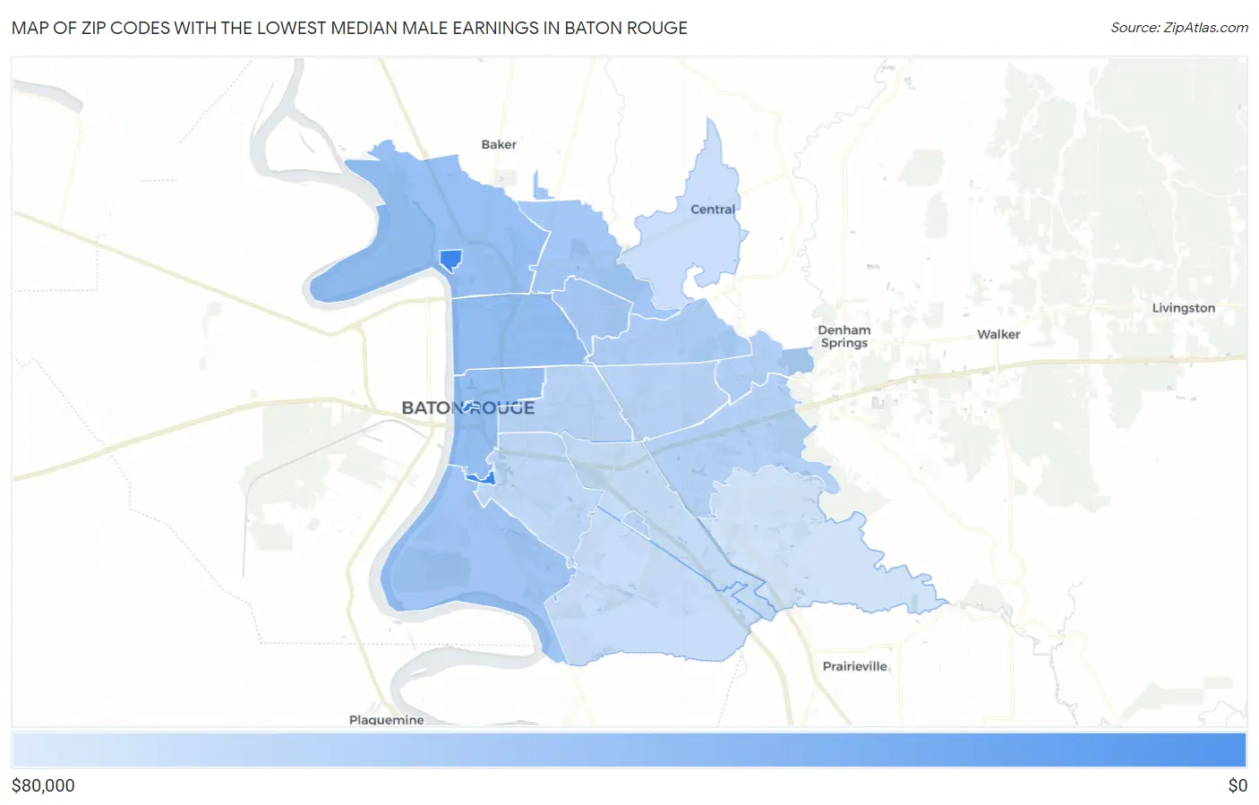 Zip Codes with the Lowest Median Male Earnings in Baton Rouge Map