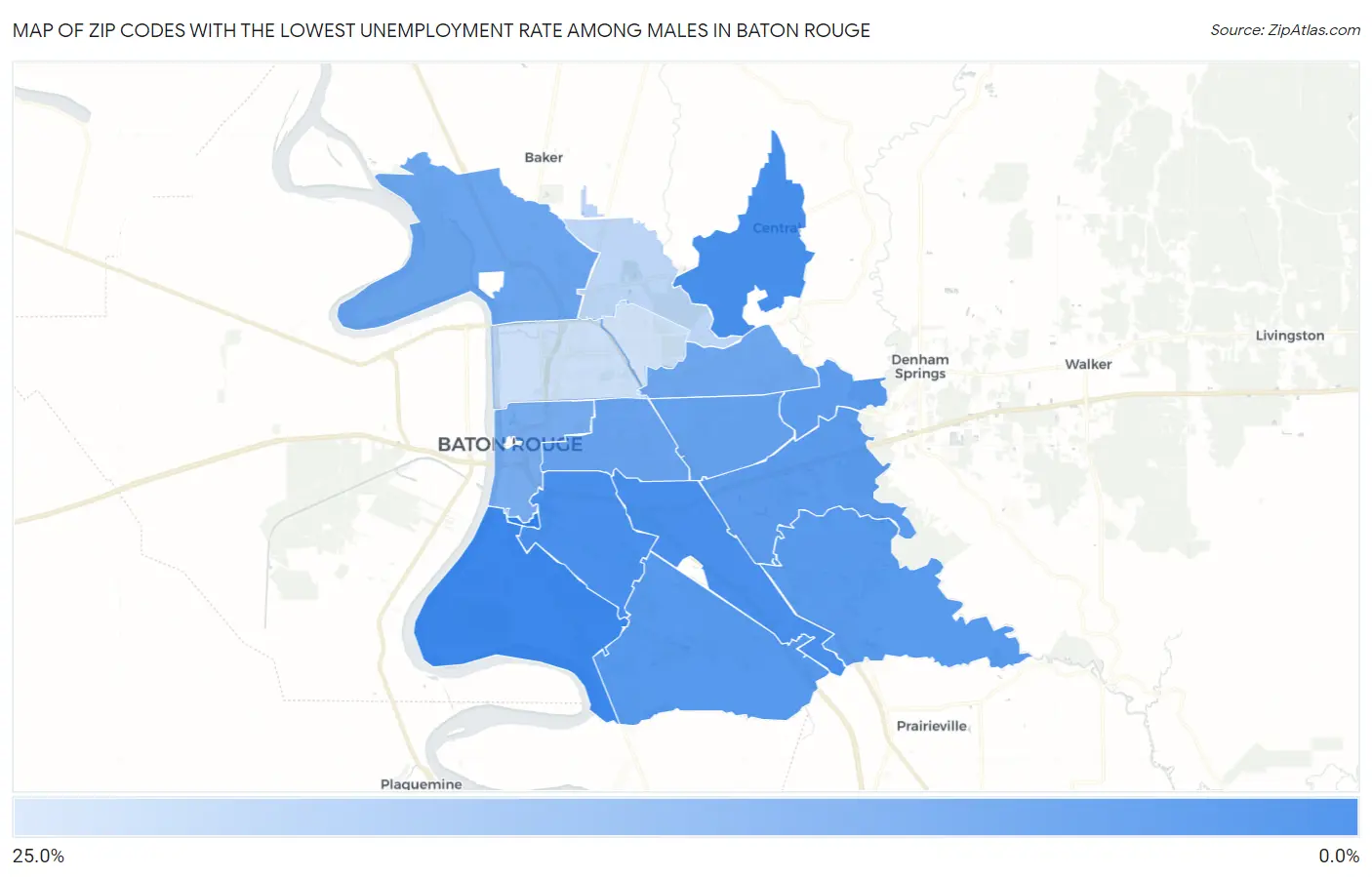 Zip Codes with the Lowest Unemployment Rate Among Males in Baton Rouge Map