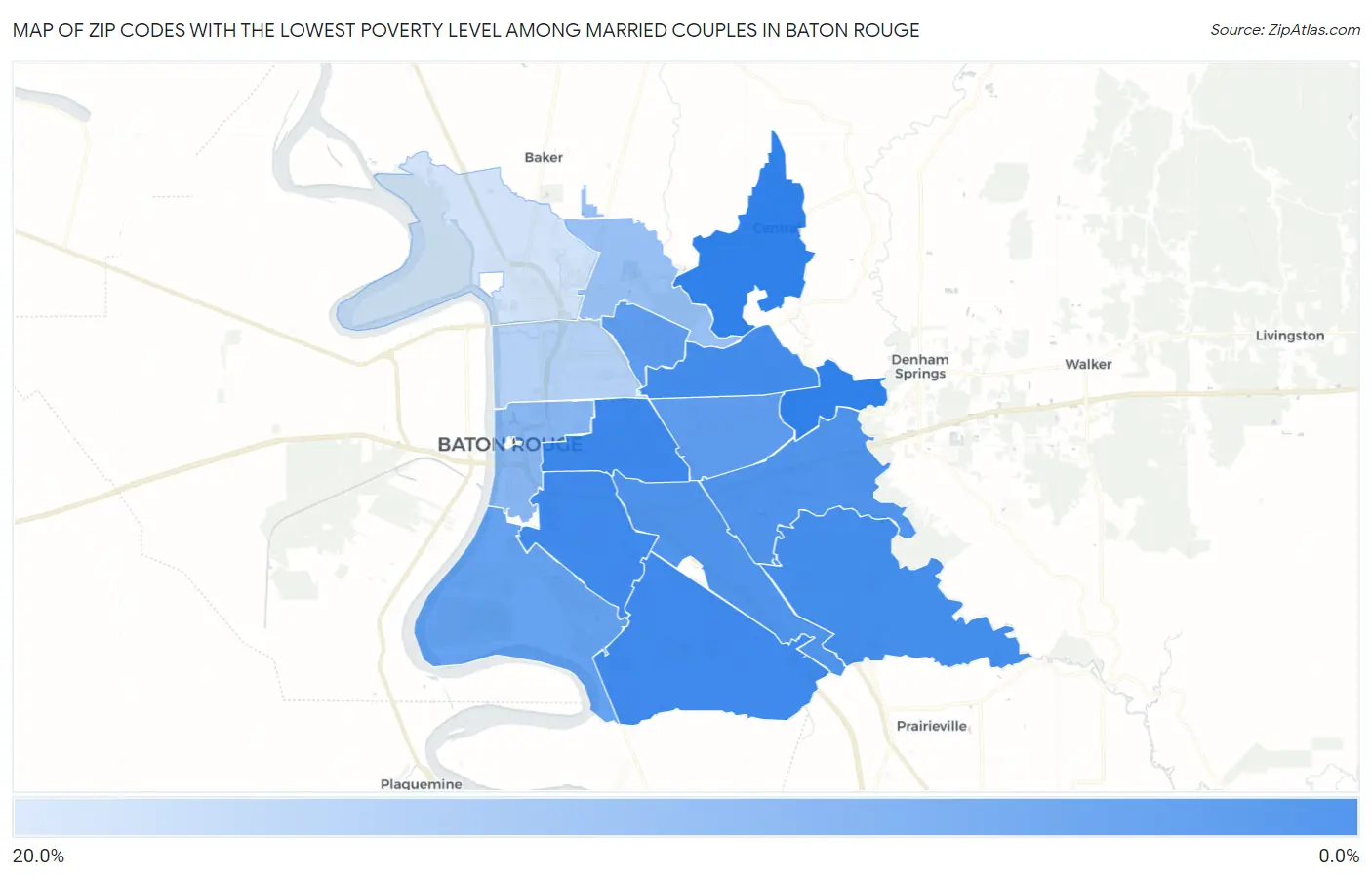 Zip Codes with the Lowest Poverty Level Among Married Couples in Baton Rouge Map
