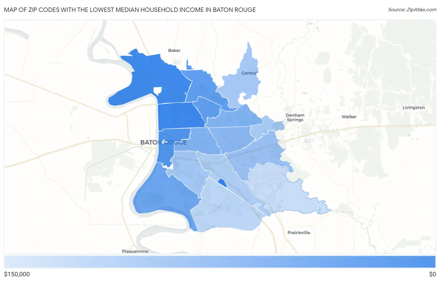 Zip Codes with the Lowest Median Household Income in Baton Rouge Map