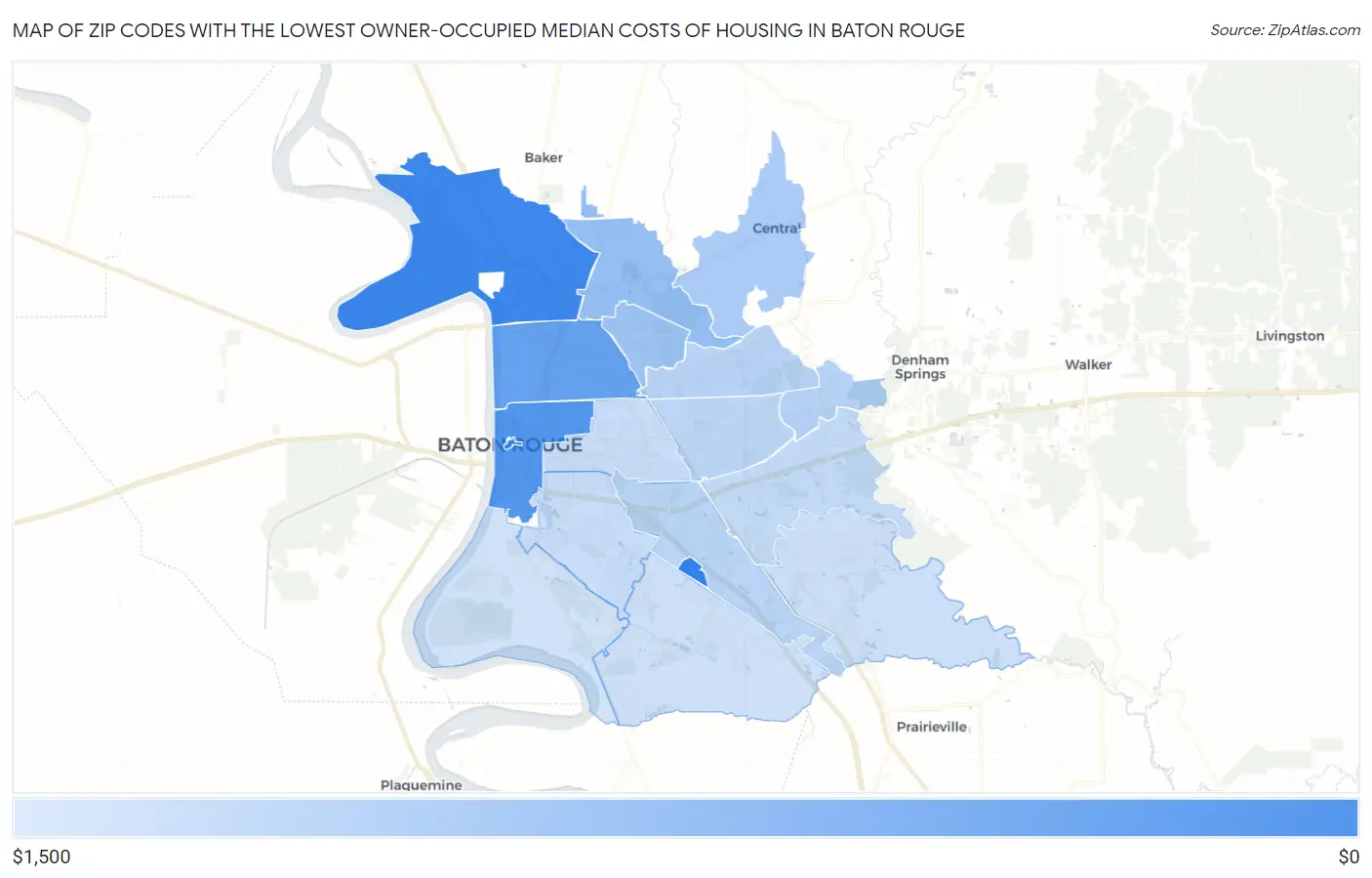 Zip Codes with the Lowest Owner-Occupied Median Costs of Housing in Baton Rouge Map