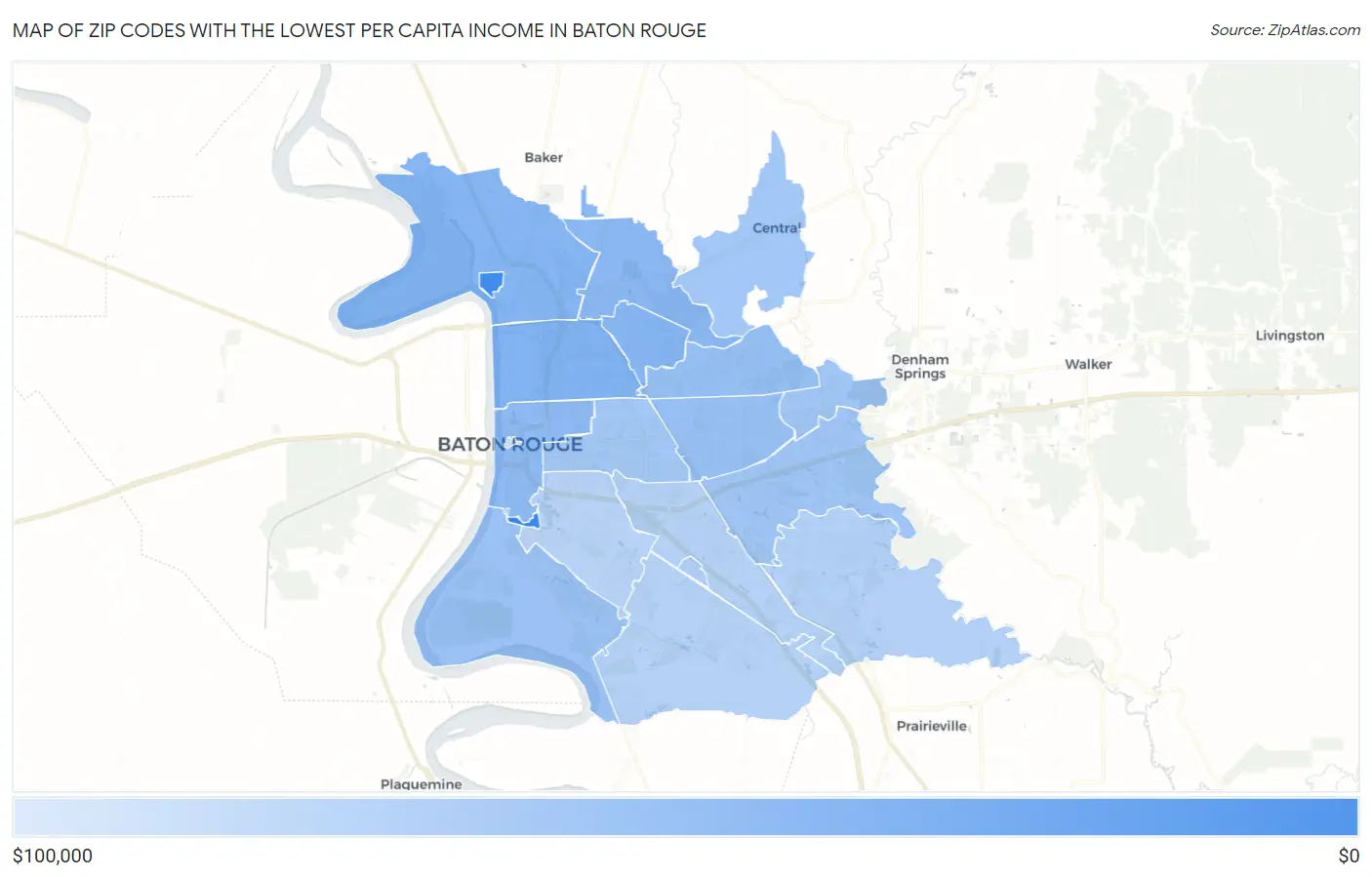 Zip Codes with the Lowest Per Capita Income in Baton Rouge Map