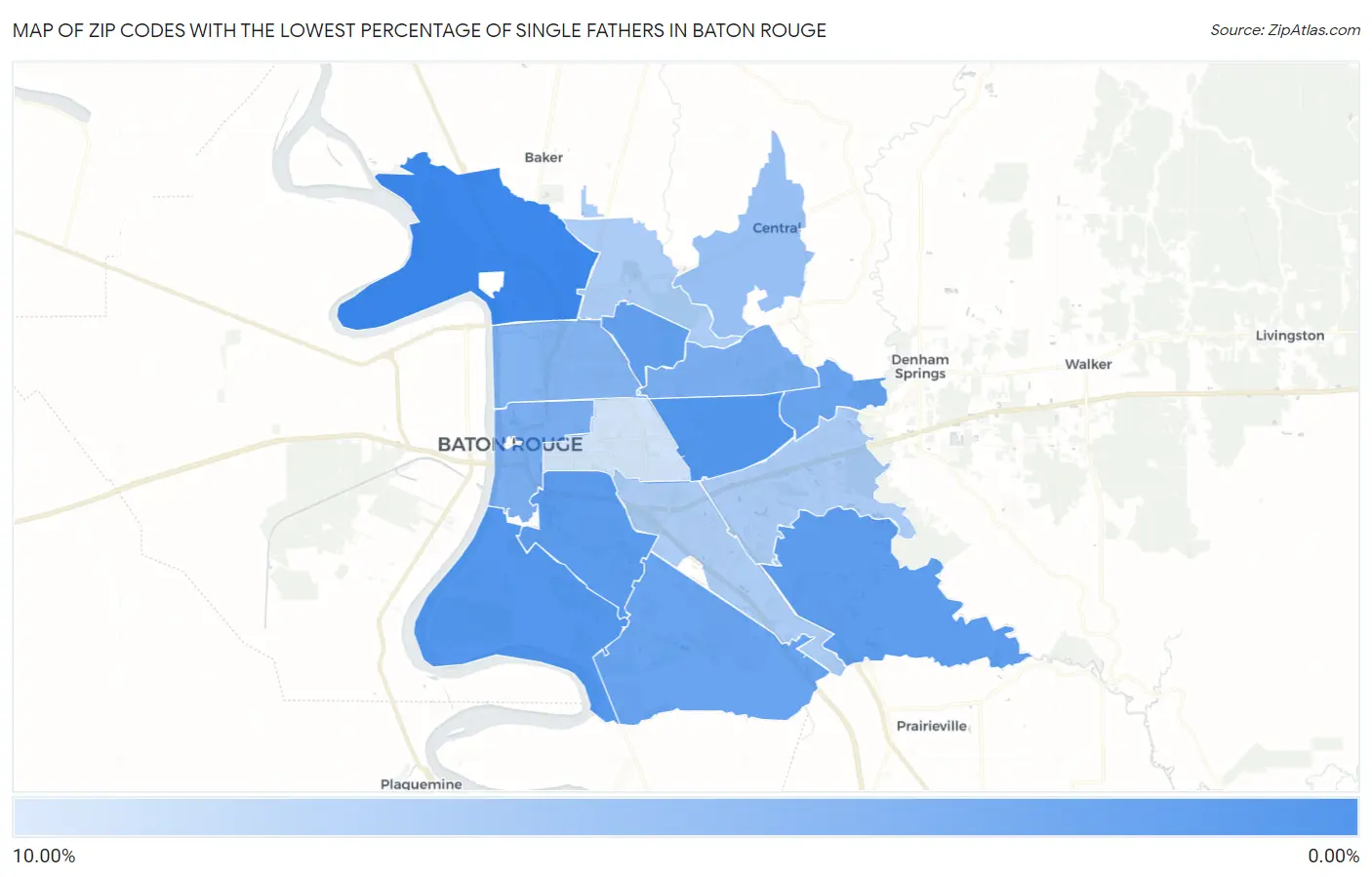 Zip Codes with the Lowest Percentage of Single Fathers in Baton Rouge Map