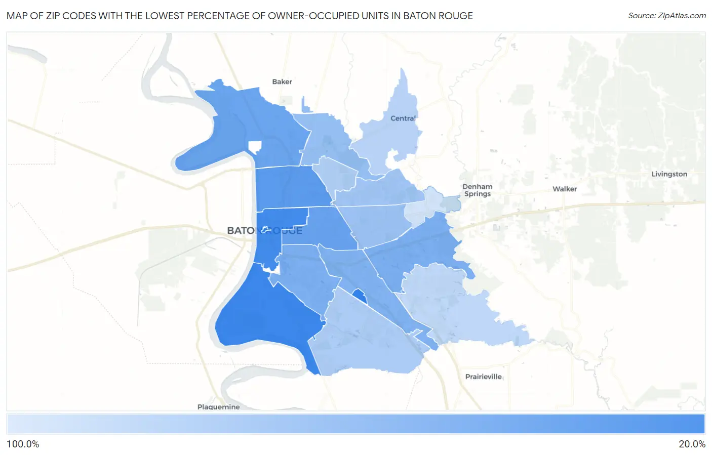 Zip Codes with the Lowest Percentage of Owner-Occupied Units in Baton Rouge Map