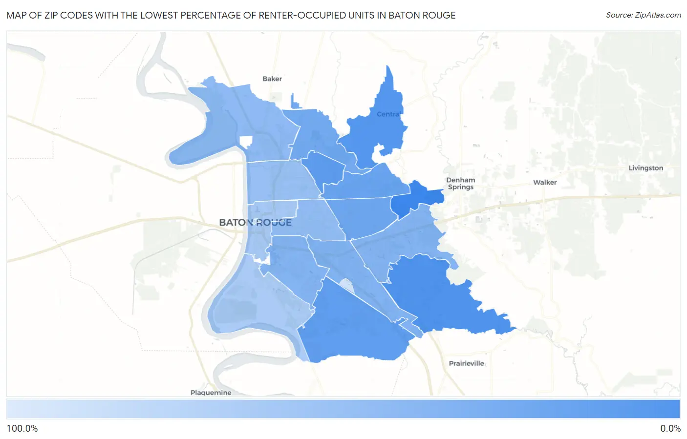 Zip Codes with the Lowest Percentage of Renter-Occupied Units in Baton Rouge Map