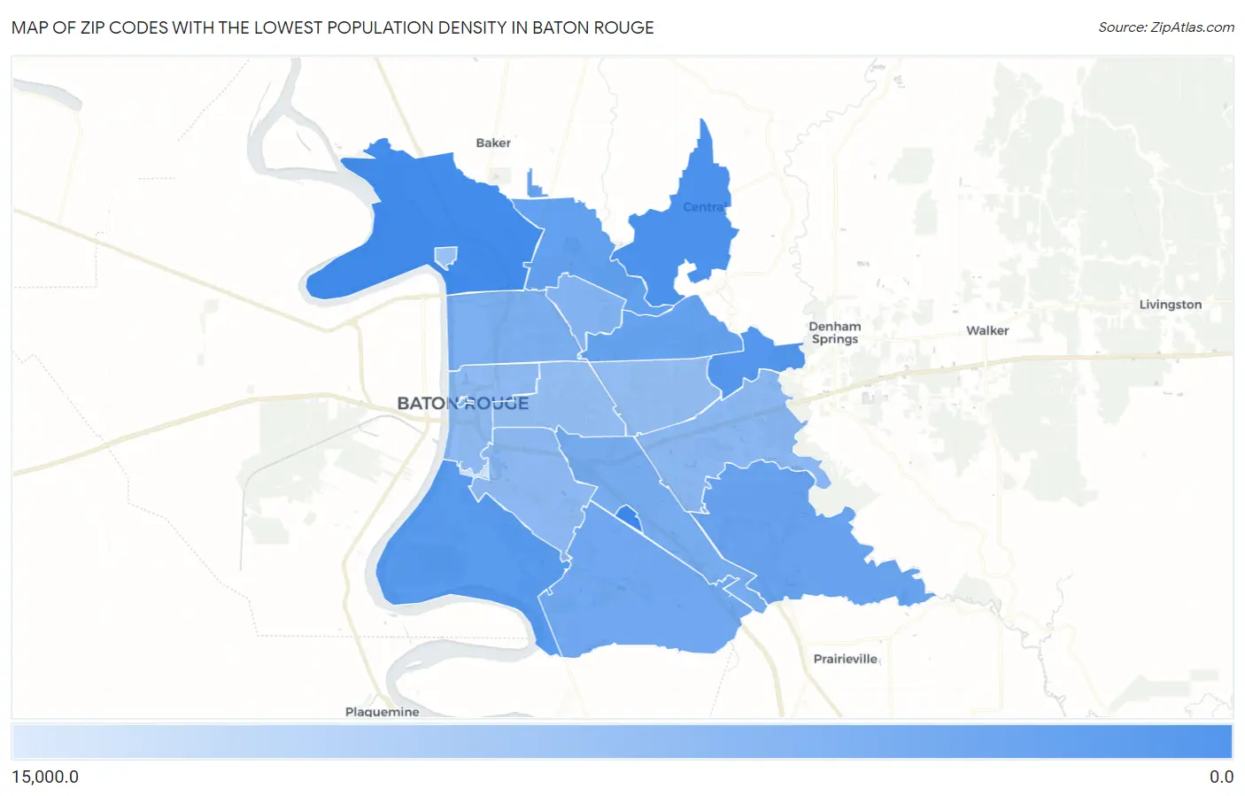 Zip Codes with the Lowest Population Density in Baton Rouge Map