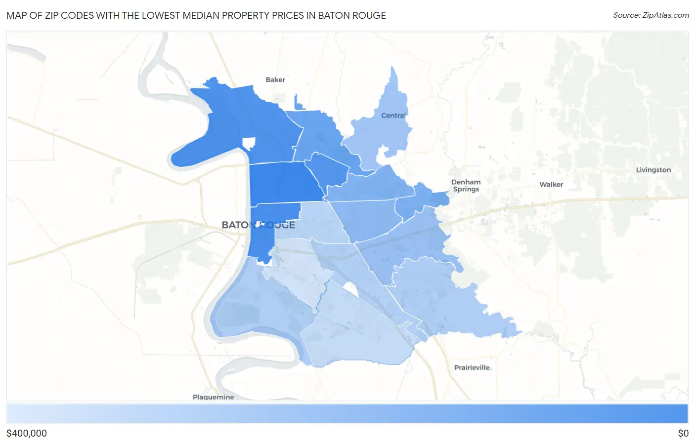 Zip Codes with the Lowest Median Property Prices in Baton Rouge Map