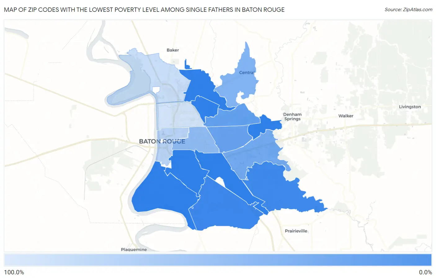 Zip Codes with the Lowest Poverty Level Among Single Fathers in Baton Rouge Map