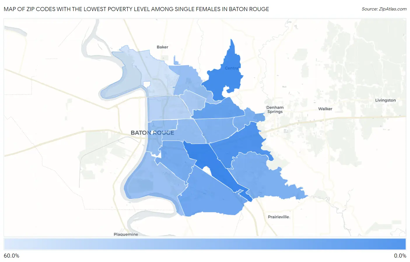Zip Codes with the Lowest Poverty Level Among Single Females in Baton Rouge Map