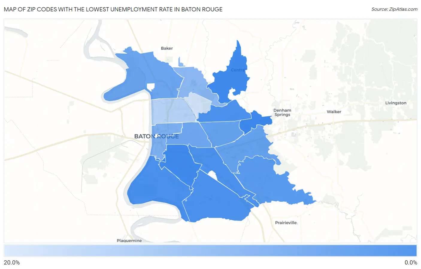 Zip Codes with the Lowest Unemployment Rate in Baton Rouge Map
