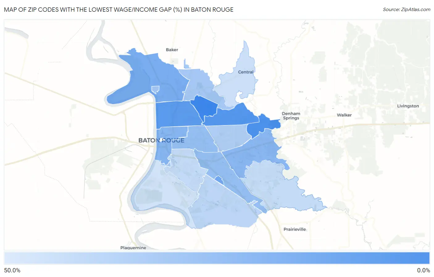 Zip Codes with the Lowest Wage/Income Gap (%) in Baton Rouge Map