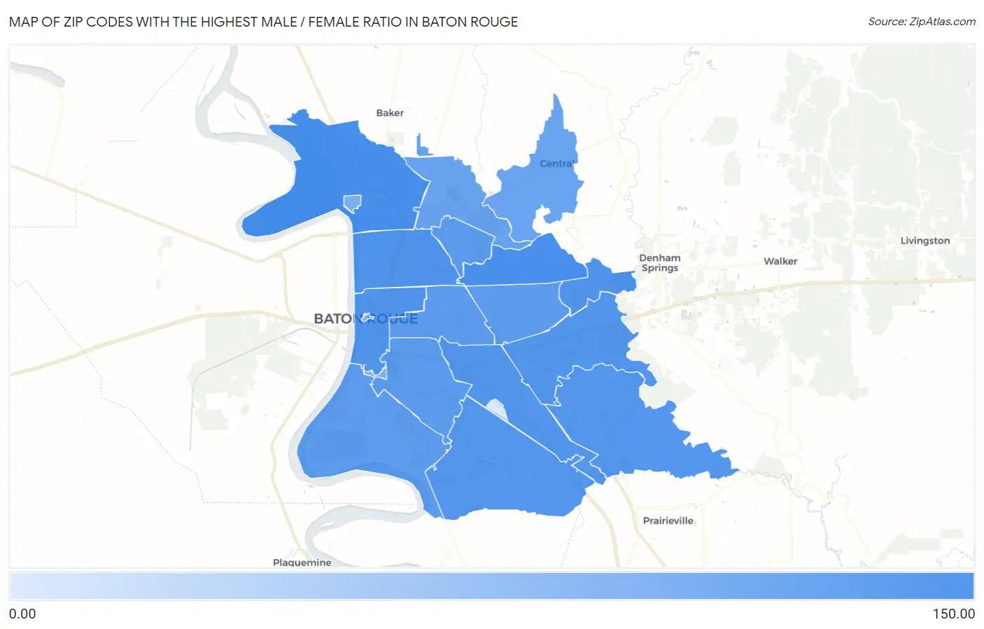 Zip Codes with the Highest Male / Female Ratio in Baton Rouge Map