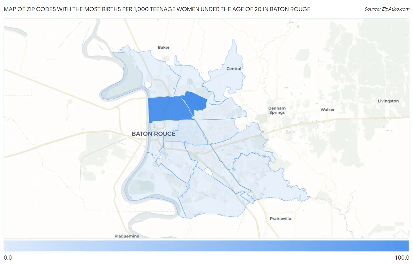 Zip Codes with the Most Births per 1,000 Teenage Women Under the Age of 20 in Baton Rouge Map